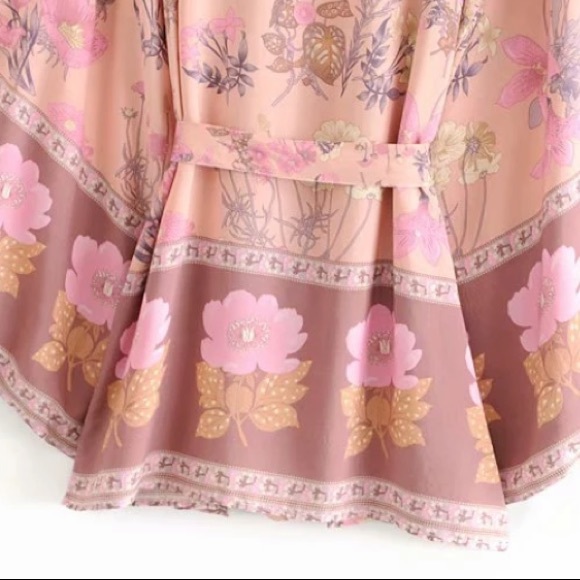 Pink Festival Bohemian Flower Floral Boho Printed Short Kimono Robe Tunic Wrap - Picture 14 of 14
